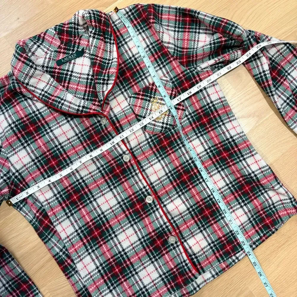 RALPH LAUREN Women’s Plaid Fleece Pajama Set Long Sleeve Green Red White Medium